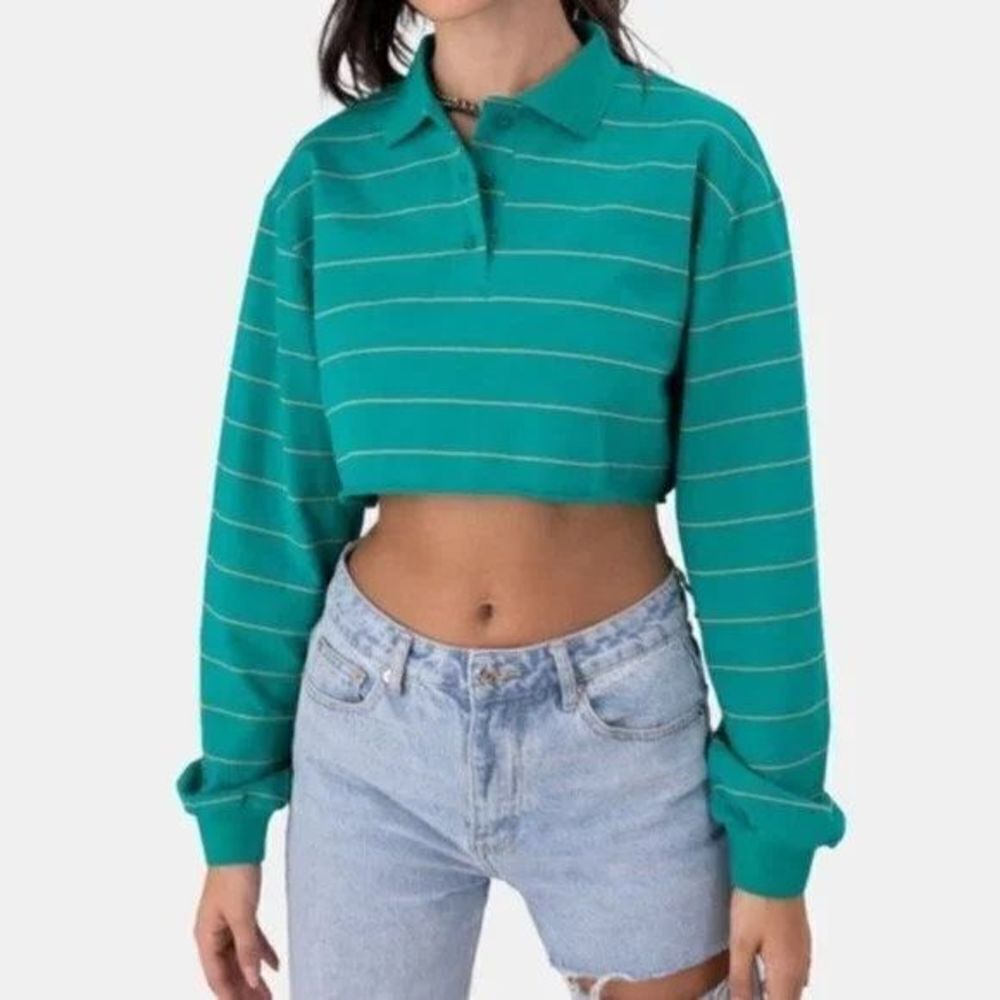 Adika Jones Green Crop Striped Collar Polo Shirt